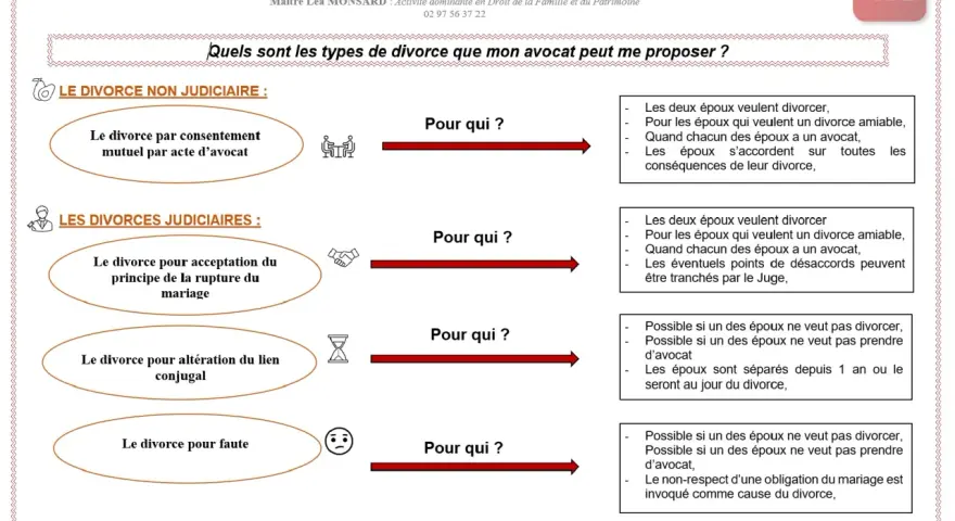 Schéma des types de divorce : amiable, acceptation du principe de rupture, altération du lien conjugal, faute. Un avocat est essentiel pour chaque divorce.