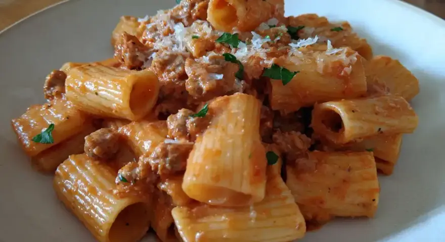 En portion salsicciapasta, som Benjamin lagat, med rigonsås och toppad med parmesan och persilja.