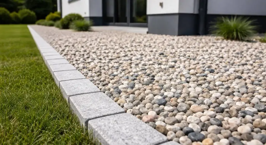 Nowy, schludny podjazd z kamyków i betonowa opaska wokół domu tworzą estetyczną całość.
