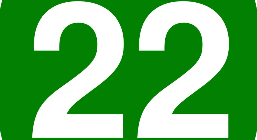 Biała liczba 22 na zielonym tle. Liczba 22 znaczenie w numerologii to harmonia, równowaga i intuicja.