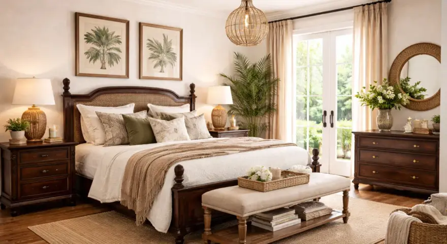 Dormitorio con cama de madera oscura, cabecero de ratán y cuadros de palmeras, evocando un acogedor estilo colonial.