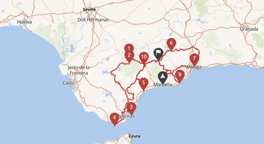 Mapa z zaznaczonymi punktami na trasie po Andaluzji. Zobacz, co warto zobaczyć w regionie, od Sewilli po Malagę.