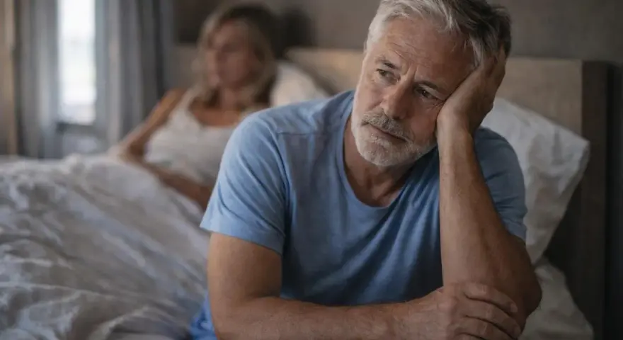 Un homme âgé, le visage pensif, se demande pourquoi ma libido est en berne, tandis qu'une femme est assise dans le lit derrière lui.