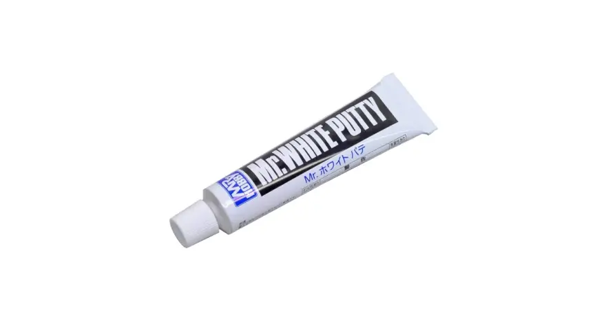 Tubo di stucco bianco "Mr. White Putty" per modellismo, ideale per riempire fessure e imperfezioni.