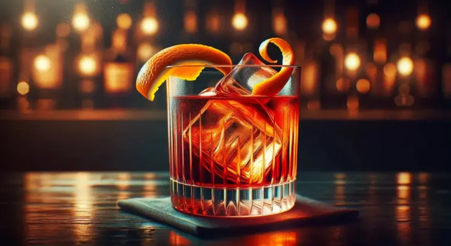 Elegancki drink z lodem i skórką pomarańczy, idealny na wieczór. Poczuj smak włoskiego wermutu.