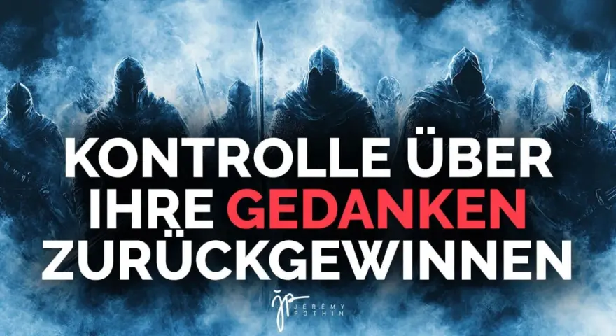 Dunkle Gestalten mit Rüstungen und Waffen stehen im Nebel. Text: "Kontrolle über Ihre Gedanken zurückgewinnen". Ein Kampf wie in Epheser 6,12.