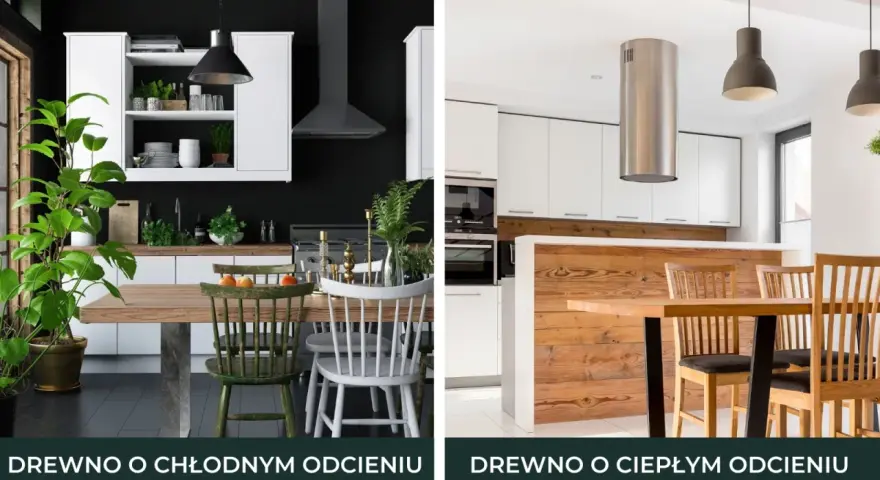 Dwie kuchnie z drewnianymi blatami. Po lewej ciemna ściana, po prawej jasna. Jaki kolor zlewu do drewnianego blatu?