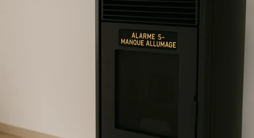 Poêle à granulés noir affichant "ALARME 5- MANQUE ALLUMAGE". Le poêle semble en panne.