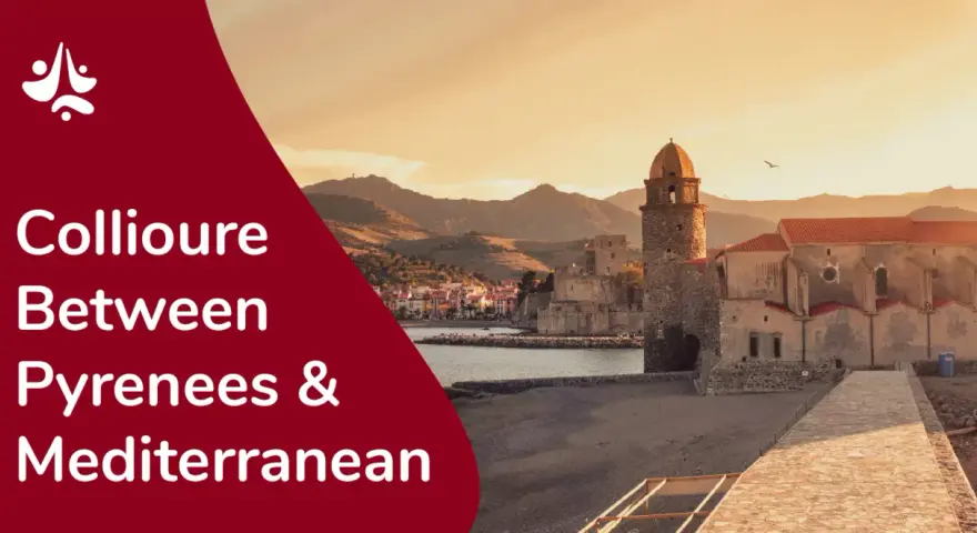 Collioure, France, a picturesque town nestled between the Pyrenees mountains and the Mediterranean Sea, bathed in the warm glow of sunset.