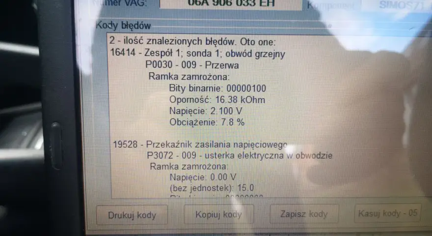 Błąd DTC P0036 Audi: przerwa w obwodzie grzejnym sondy 1. Zapisane dane ramki zamrożonej.