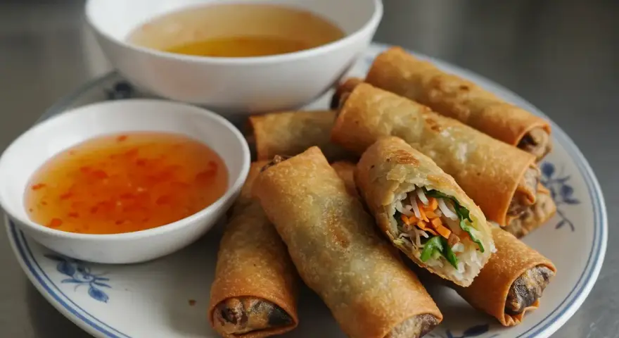 Chrupiące spring rolls z warzywnym farszem, podane z dwoma sosami. Idealne na przekąskę.
