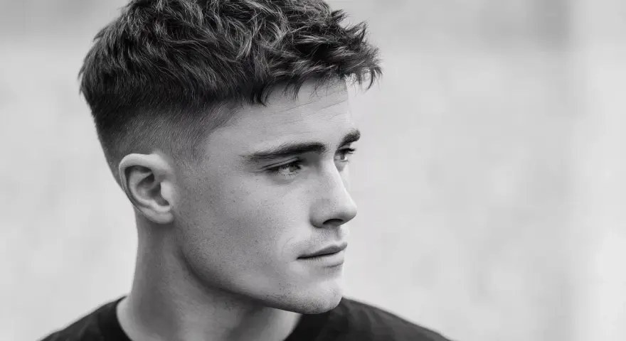 Perfil de hombre joven con corte de pelo moderno, un degradado rasurado impecable que se funde con la piel.