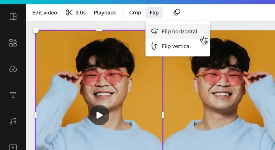 Wybór opcji "Flip horizontal" tworzy odbicie lustrzane mężczyzny w okularach w kształcie serc.