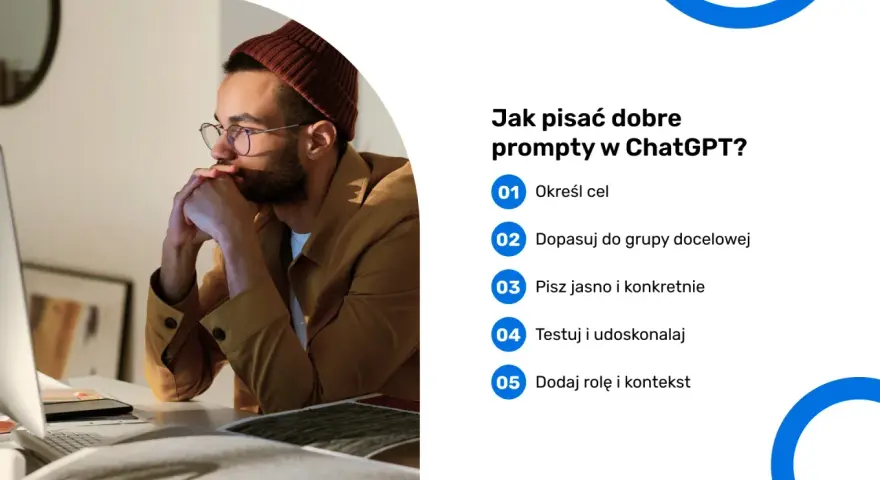 Mężczyzna w okularach i czapce myśli nad tym, jak pisać dobre prompty w ChatGPT. Lista podpowiada: określ cel, dopasuj do grupy docelowej, pisz jasno i konkretnie.