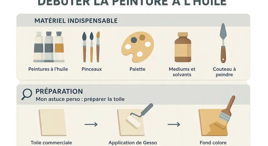 Guide pour débuter la peinture à l'huile : matériel indispensable et étapes de préparation de la toile pour un bon processus peinture.