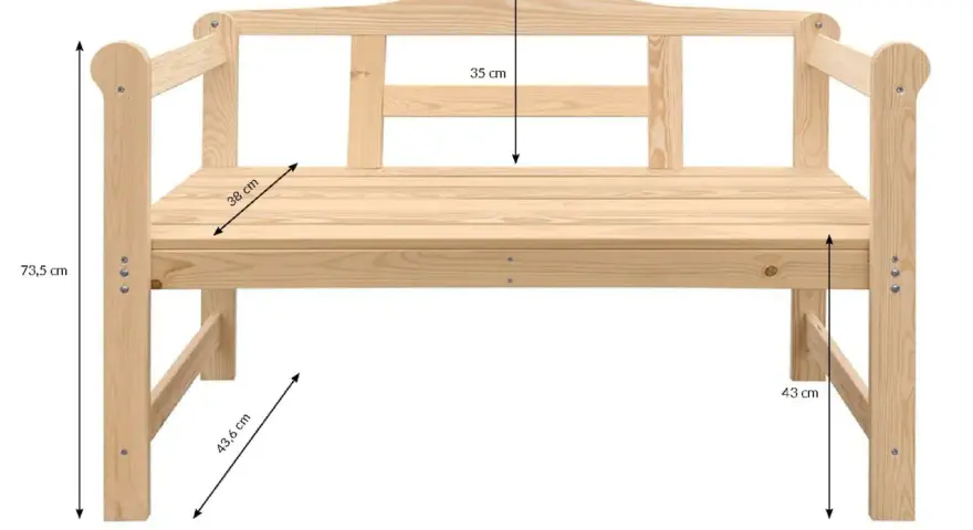 Drewniana ławka ogrodowa: wysokość 73,5 cm, szerokość 118 cm, głębokość siedziska 38 cm. Wymiary ławki ogrodowej są kluczowe.