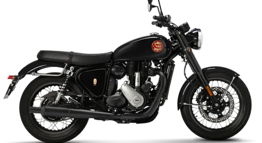 Stylowy, czarny motocykl BSA z klasycznym logo na baku. Idealny na weekendowe wypady.