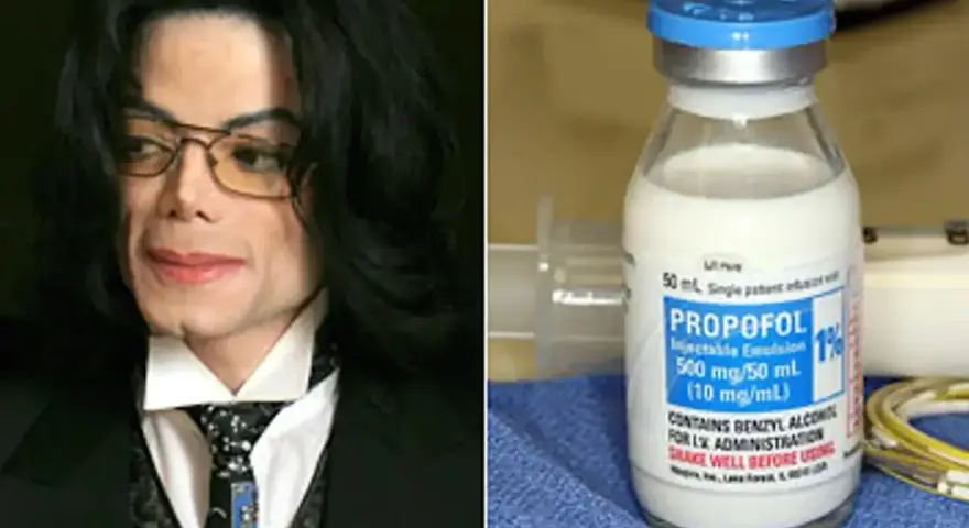Michael Jackson i fiolka Propofolu, leku, który odegrał rolę w tym, jak zmarł Michael Jackson.