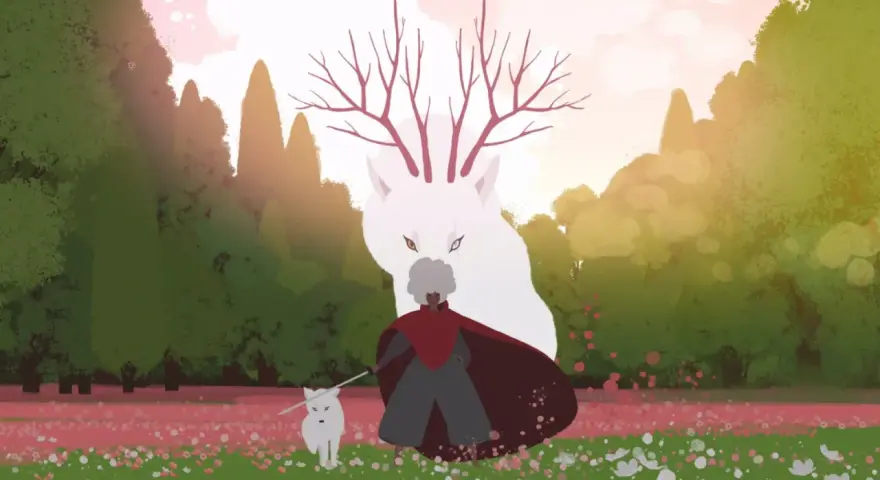 Una figura con capa roja y un lobo blanco caminan por un campo de flores. Detrás, un lobo gigante con astas de árbol observa. No es un juego, es una aventura.