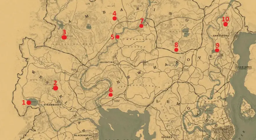 Mapa de Red Dead Redemption 2 con 10 puntos marcados, indicando ubicaciones de rocas talladas rdr2.