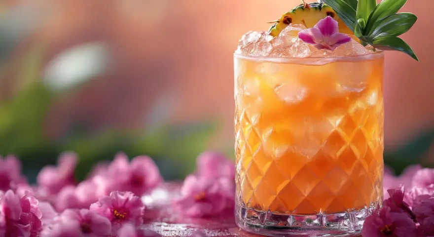 Orzeźwiający drink Bahama Mama z ananasem i kwiatkiem, otoczony różowymi kwiatami.