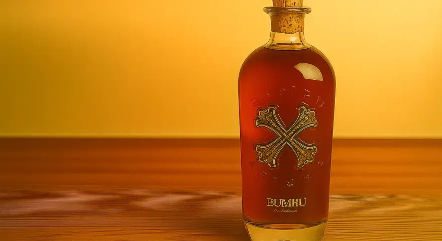 Butelka Bumbu rum z korkiem na drewnianym blacie. Jak pić ten rum? Ciesz się nim powoli, delektując się smakiem.