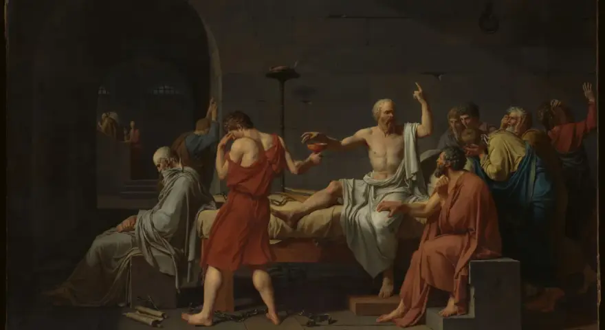 La muerte de Sócrates, obra neoclásica, muestra al filósofo bebiendo cicuta rodeado de discípulos.