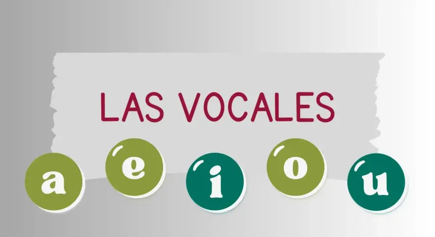 Las vocales a, e, i, o, u en círculos de colores, listas para la lectura.