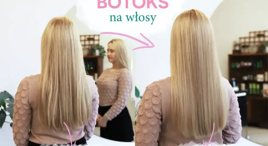 Przed i po zabiegu botoksu na włosy. Włosy przed są lekko falowane, po zabiegu proste i lśniące.