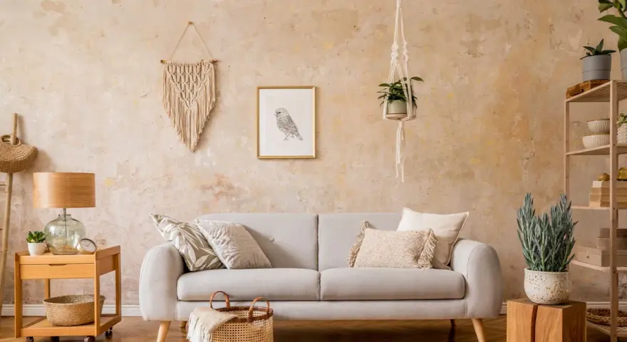Gemütliches Wohnzimmer mit beiger Wischtechnik Wand, Sofa, Makramee-Deko und Pflanzen.