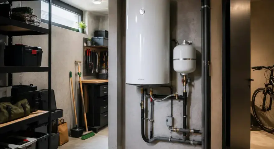 Un boiler bianco e un serbatoio di espansione, collegati da tubi, illustrano la differenza tra caldaia e scaldabagno in un locale tecnico.