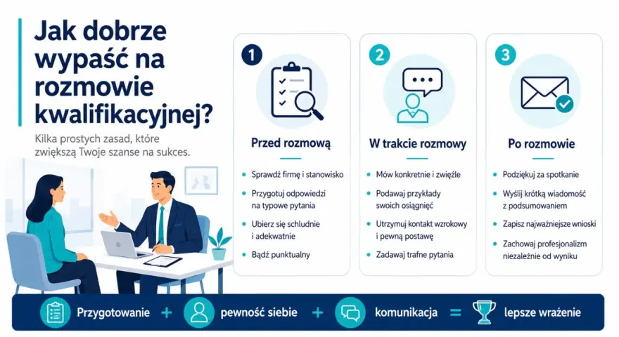Jak dobrze wypaść na rozmowie kwalifikacyjnej? Przygotowanie, pewność siebie i komunikacja to klucz do sukcesu.