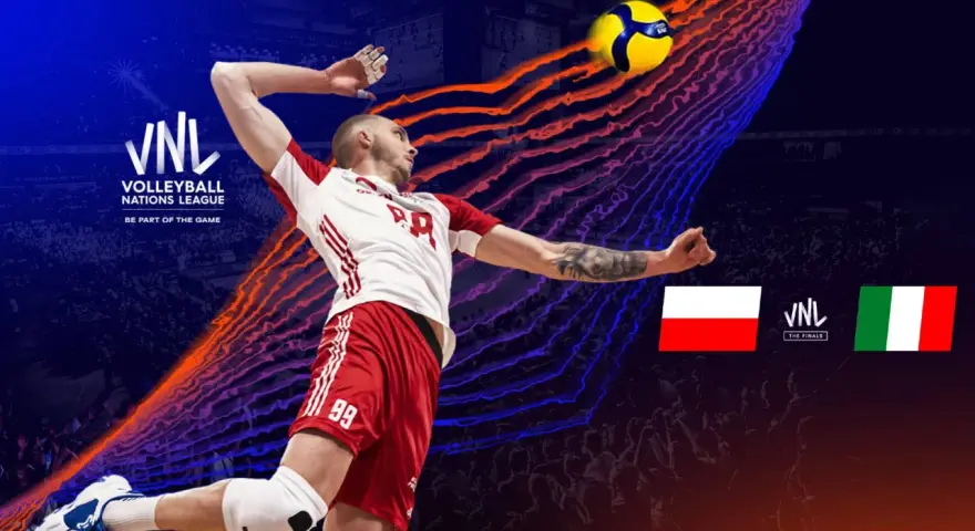Siatkarz w skoku do ataku podczas turnieju finałowego Ligi Narodów. Polska kontra Włochy.