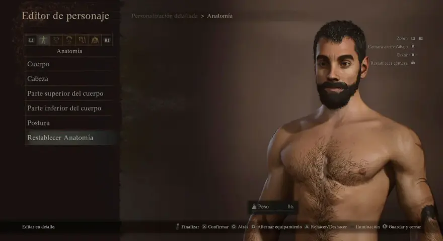 Editor de personaje en Dragon's Dogma Online. Hombre con barba y torso musculoso, con opciones de anatomía y personalización.