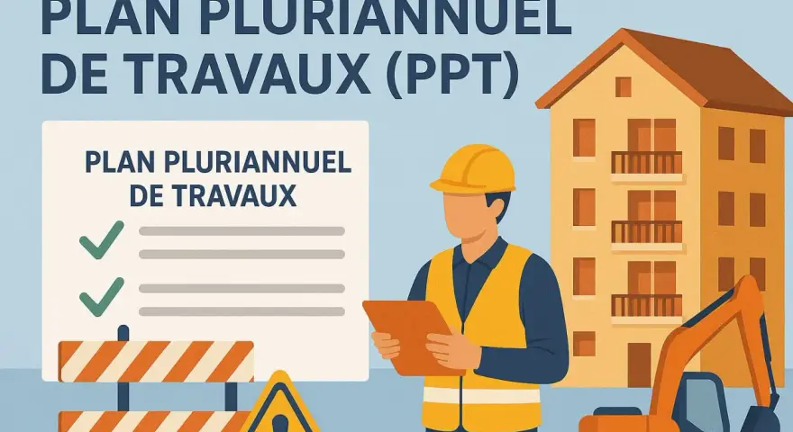 Un ouvrier consulte un plan pluriannuel de travaux devant un immeuble en construction. Une pelleteuse est visible.