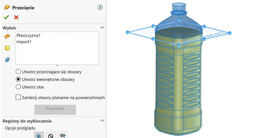 Model 3D butelki z zaznaczonym przekrojem i opcjami w panelu bocznym.