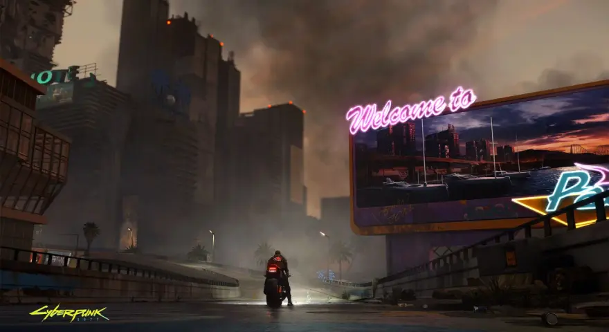 Motociclista en Night City, con rascacielos y un letrero de neón "Welcome to". Ideal para los requisitos de Cyberpunk 2077.
