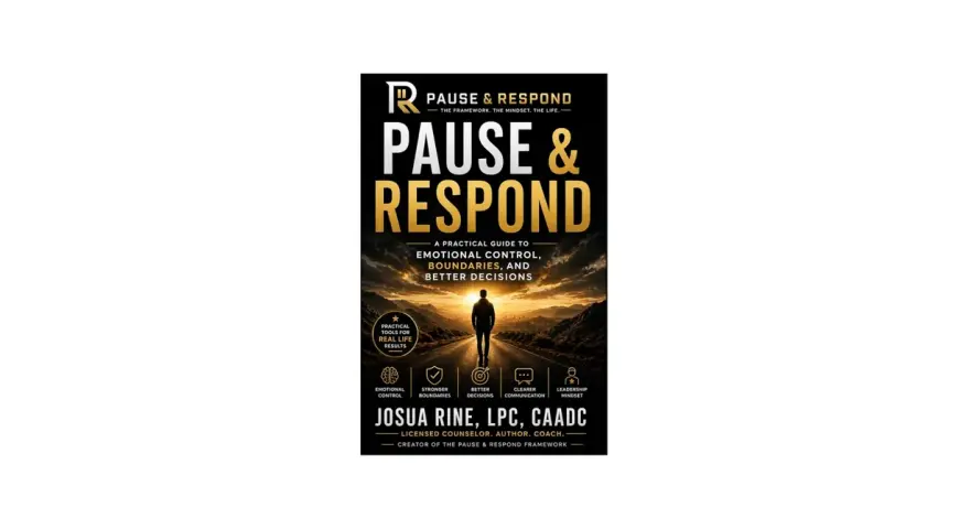 Book cover for "Pause & Respond," a guide to emotional control, featuring a silhouette of a person on a road leading to a sunset.