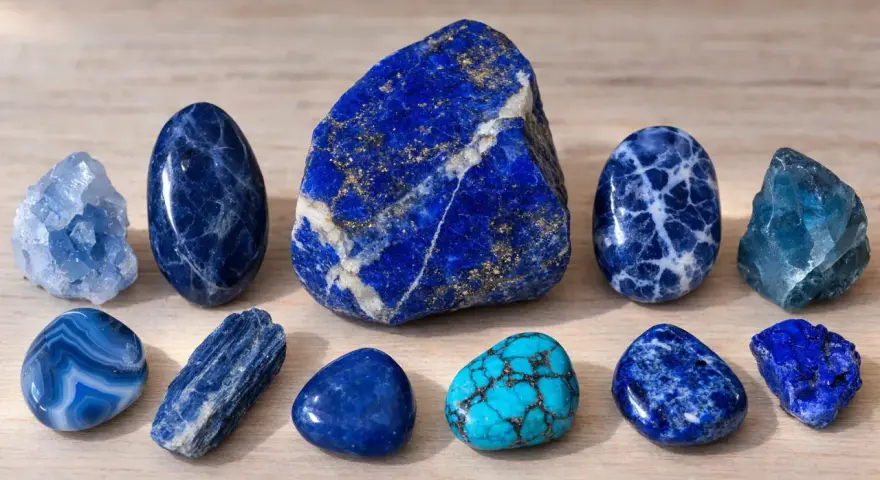 Collezione di pietre blu e turchesi. Il lapislazzuli, con le sue venature dorate, è noto per le sue proprietà spirituali e di guarigione.