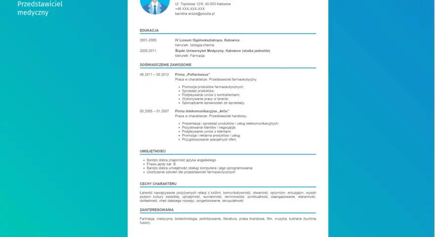 CV wzór: Karolina Wrzos, absolwentka farmacji, przedstawiciel medyczny. Doświadczenie w sprzedaży i promocji produktów farmaceutycznych.
