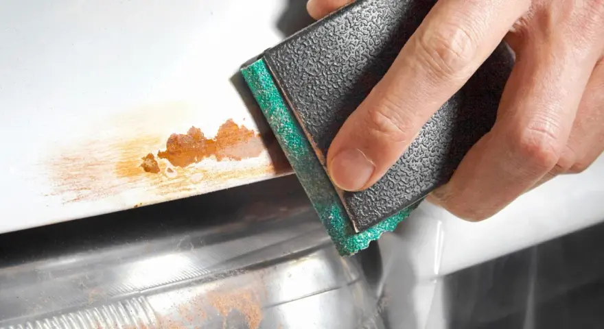 Sanding away rust on a car's bodywork. The abrasive block is removing the orange-brown corrosion.