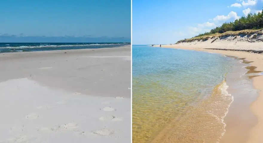 Plaża w Choczewie: piaszczyste wybrzeże Bałtyku z turkusową wodą i sosnowym lasem na wydmach.