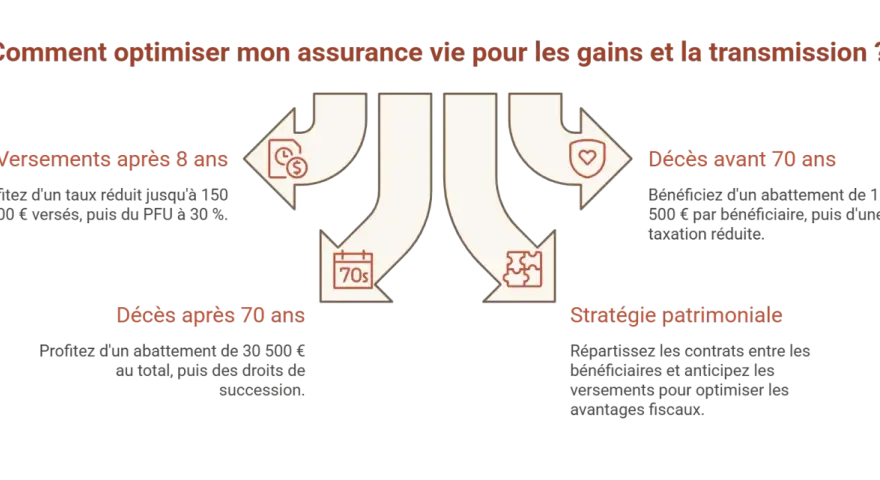 Schéma expliquant comment optimiser assurance vie : versements, décès avant/après 70 ans, stratégie patrimoniale.