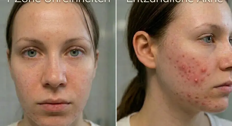 Zwei Bilder einer jungen Frau mit unreiner Haut. Links: T-Zone mit Rötungen und Pickelchen. Rechts: Entzündliche Akne im Gesicht.