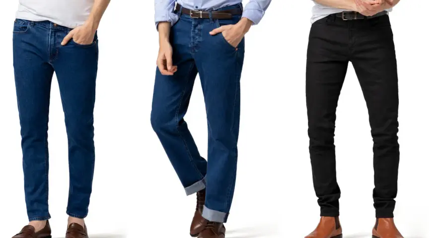 Tre uomini mostrano diversi outfit ufficio jeans: blu scuro, blu medio con risvolto e neri.