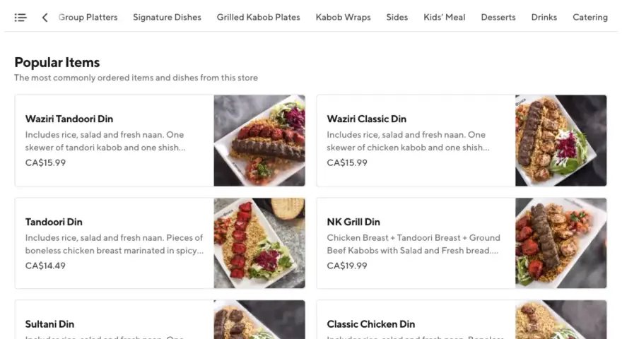 Explora los diferentes tipos de menú de DoorDash, con platos populares como Waziri Tandoori Din y Classic Chicken Din.