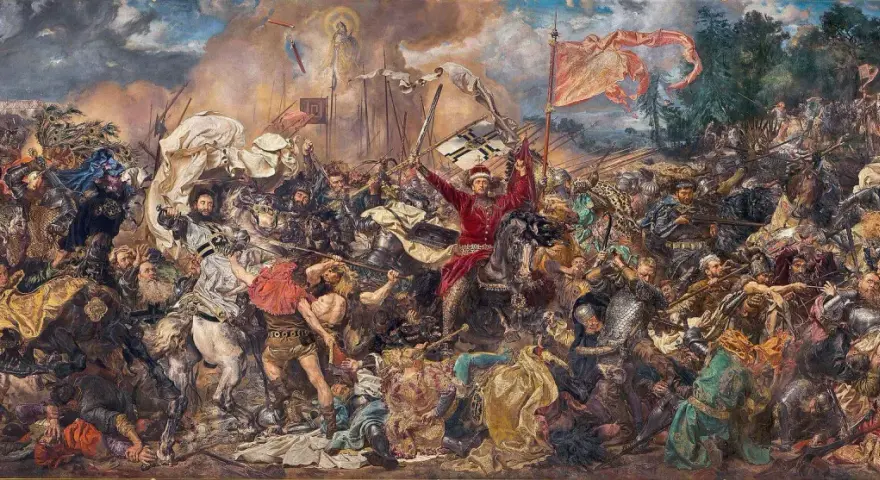 Bitwa pod Grunwaldem, dzieło Jana Matejki, ukazuje chaos i heroizm starcia. Kim był Jan Matejko? Wielkim malarzem historii Polski.
