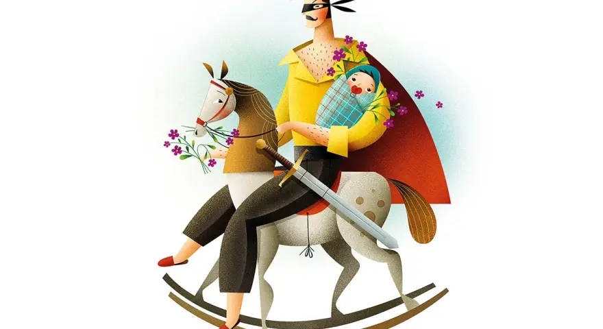 Ilustracje Macieja Szymanowicza: tata-superbohater z niemowlakiem na koniku na biegunach, z mieczem i kwiatami.