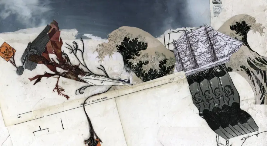 Collage sur toile à peindre : un voilier navigue sur des vagues, menacé par des algues et un crâne.