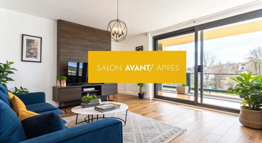 Salon transformé par home staging avant après. Canapé bleu, table basse, meuble TV en bois, grande baie vitrée.